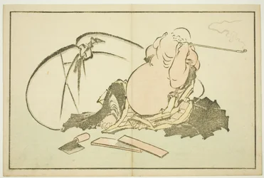 Hotei rookt zijn pijp, uit Het prentenboek van realistische schilderijen van Hokusai (Hokusai shashin gafu)