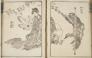 Japanse vrouw, een witte vos met 9 staarten en een aap
