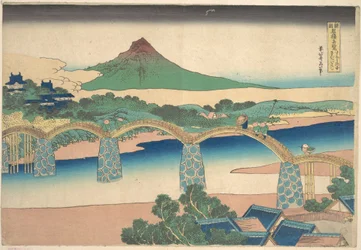 De Kintai-brug in de provincie Suō (Suō no kuni Kintaibashi), uit de serie „Opmerkelijke uitzichten op bruggen in diverse provincies“ (Shokoku meikyō kiran)