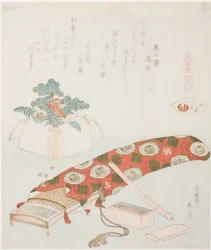 Koto en nieuwjaarsaanbieding, illustratie voor Het Akoya-strandschelp (Akoyagai), uit de serie, Een matchspel met gedichten uit de Genroku-periode