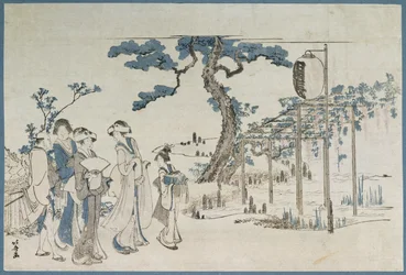 Dames die de Wisteria-tuinen in Kameido bezoeken