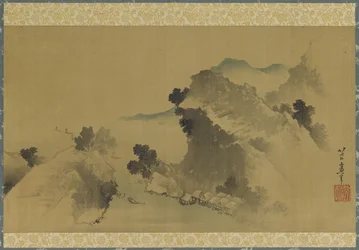 Landschap: bergen, stroom en boten, Edo-periode