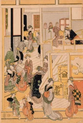 Nieuwjaarsdag in het theehuis Ogi-ya. c.1810