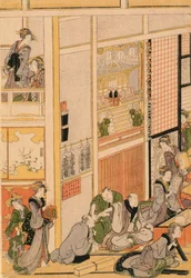 Nieuwjaarsdag in het theehuis Ogi-ya. c.1810