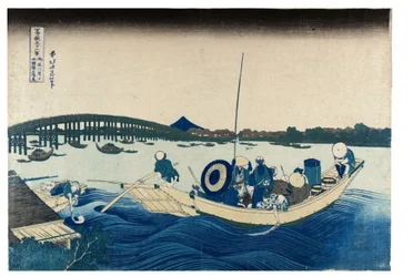 Nr. 45 Zonsondergang over de Ryogoku-brug, Edo-periode, ca. 1830 (houtsnede op papier)