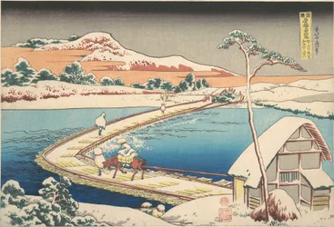 Oud aanzicht van de bootbrug bij Sano in de provincie Kōzuke (Kōzuke Sano funabashi no kozu), uit de serie „Opmerkelijke uitzichten op bruggen in diverse provincies“ (Shokoku meikyō kiran)