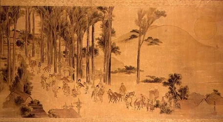 Pelgrims bij het Kasuga-heiligdom (verf op zijde)