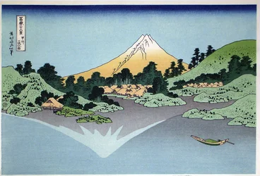 Reflectie in het wateroppervlak, Misaka, provincie Kai uit de serie Zesendertig gezichten op de berg Fuji, 1830-1833