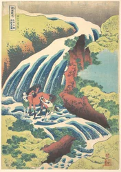 „De waterval waar Yoshitsune zijn paard waste in Yoshino, in de provincie Yamato”, uit de serie Een rondreis langs watervallen in verschillende provincies