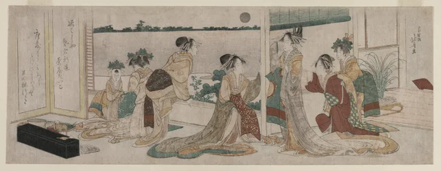 Tsukasa en Andere Courtisanes van de Ogiya die de Herfstmaan Bekijken boven Rijstvelden vanaf een Balkon in de Yoshiwara