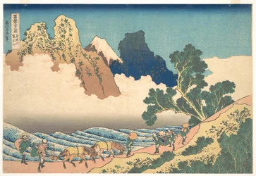 Uitzicht op de andere kant van de Fuji vanaf de Minobu-rivier (Minobugawa ura Fuji), uit de serie „Zesendertig uitzichten op de berg Fuji“ (Fugaku sanjūrokkei)