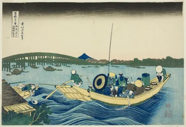 Zonsondergang bekijken over de Ryogoku-brug vanaf de Onmaya-oever (Onmayagashi yori Ryogokubashi sekiyo o miru), uit de serie "Zesendertig gezichten op de berg Fuji (Fugaku sanjurokkei)"