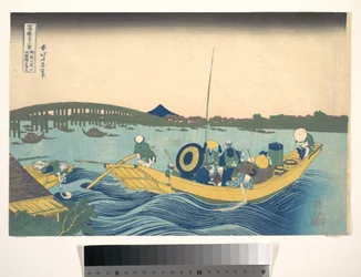 De zonsondergang boven de Ryōgoku-brug gezien vanaf de Onmaya-kade (Onmayagashi yori Ryōgokubashi sekiyō o miru), uit de serie „Zesendertig gezichten op de berg Fuji“ (Fugaku sanjūrokkei)