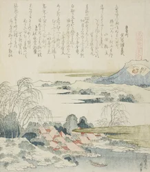 Dorp aan de Yoshino-rivier, illustratie voor De Brocade Shell