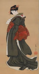 Vrouw met een waaier, Edo-periode, ca. 1810-1811