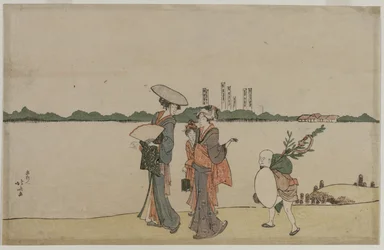 Vrouwen en kinderen wandelen langs de Sumida-rivier, begin 1800s