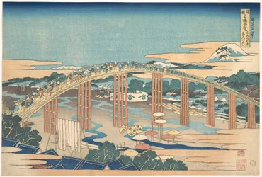 De Yahagi-brug bij Okazaki aan de Tōkaidō (Tōkaidō Okazaki Yahagi no hashi), uit de serie „Opmerkelijke uitzichten op bruggen in diverse provincies“ (Shokoku meikyō kiran)