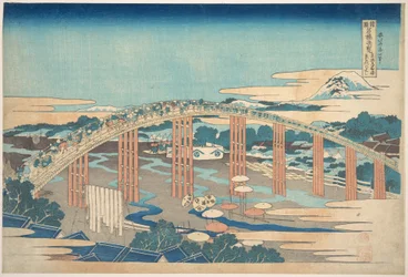 De Yahagi-brug bij Okazaki aan de Tōkaidō (Tōkaidō Okazaki Yahagi no hashi), uit de serie „Opmerkelijke uitzichten op bruggen in diverse provincies“ (Shokoku meikyō kiran)