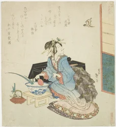 Geisha kijkt omhoog naar een koekoek, uit de serie "Vijf Jaarlijkse Festivals voor de Katsushika Kring"