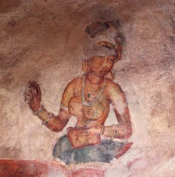 Apsaras, hemelse nimf die een offer brengt, fresco, versterkte citadel van Sigiriya (UNESCO Werelderfgoedlijst)