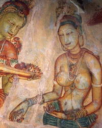 Apsaras, hemelse nimf die bloemen aanbiedt, fresco, versterkte citadel van Sigiriya (UNESCO Werelderfgoedlijst)