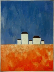 Landschap met vijf huizen