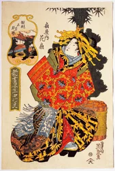 Courtisane Hanaogi van Ogiya huis bij de lentestoet van courtisanes, circa 1830, ukiyo-e kunstdruk door Keisai Eisen (1790-1848), Oban tate-e houtsnede, 38.5 x 25.7 cm, Japanse beschaving, Edo-periode