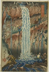 Achteruitkijkende watervallen, een van de drie watervallen (Urami-ga-taki, santaki no sono ikkei), uit de serie "Beroemde plekken in de bergen van Nikko (Nikkosan meisho no uchi)".