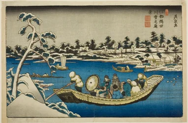 Verre blik op sneeuw op de Sumida-rivier in Edo