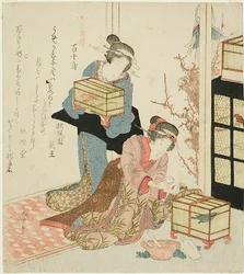 Het voeden van de Myriad Bird (Momochidori), uit de serie "Het verhaal van drie vogels (Sanchoden)".