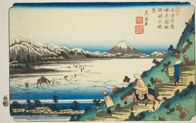 Nr. 31: Uitzicht op het Suwa Meer vanaf de Shiojiri Pas, uit de serie "[Negenenzestig Stations van de] Kisokaido"