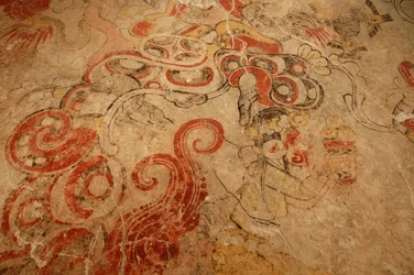 Grotmond van de onderwereld, ingang naar Bloemenberg, Maya; Maya-muurschilderingen; San Bartolo, 2002 (foto)
