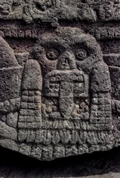 Schedel en slang houtsnede, Tenochtitlan, Templo Mayor, Azteeks, Mexico, Mexico-Stad