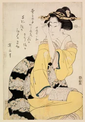 Zittende courtisane met een boek, ca.1804-29 (kleur houtsnede)