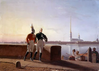 De Russische Tsaar Alexander I (1777-1825) en zijn broer Constantijn aan de rand van de Neva