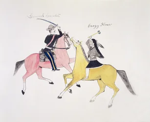 Symbolische uitbeelding van het conflict tussen de indianen en de blanken, vertegenwoordigd door hun twee beroemdste leiders, generaal Custer en Crazy Horse