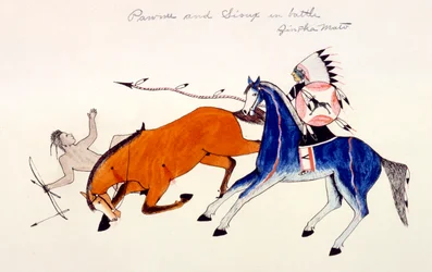 Afwerpen van een Pawnee krijger door Dakota Sioux krijger Zintka Mato Dog Bear, ca. 1889-1927
