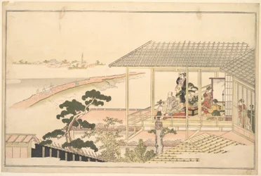 Een gezelschap feestvierders in een huis in Yoshiwara op een maanverlichte nacht