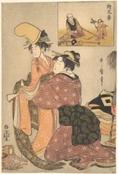 Een vrouw kleedt een meisje aan voor de kabukidans „Musume Dōjōji”, met een „zusterprent” (E-kyōdai) van een apendresseur