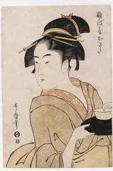 Een busteportret van de serveerster Okita van het Naniwaya Theehuis