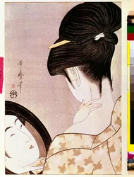 Een vrouw die in de schaduw haar nek poedert. Japanse prent van Kitagawa Utamaro (1753-1806). 0,37 x 0,22 m. 1795-1796. Parijs, Musée Guimet, Nationaal Museum voor Aziatische Kunst