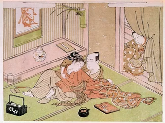 Koppel dat elkaar streelt onder het oog van de dienstmeid Japanse prent door Utamaro Kitagawa (1753-1806). 18e eeuw. Parijs, Guimet Museum, Nationaal Museum van Aziatische Kunsten