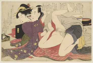 Geisha in kimono met lange mouwen en haar geliefde