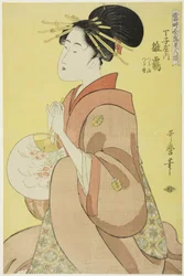 Hinazuru van de Chojiya, met haar bedienden Tsuruji en Tsuruno