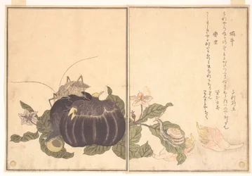 Landslak (Katatsumuri); reuzenboomsprinkhaan (Kutsuwamushi), uit het prentenboek van kruipende wezens (Ehon mushi erami)