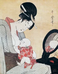 Moeder die haar zoon borstvoeding geeft, ukiyo-e-kunstdruk van Kitagawa Utamaro (1753-1806), houtsnede, Japanse beschaving, Edoperiode