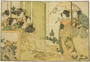 Nieuwjaars Manzai-voorstelling in het landhuis van een Feodale Heer, uit het geïllustreerde boek "Picture Book: Bloemen van de vier seizoenen (Ehon shiki no hana)," vol. 1