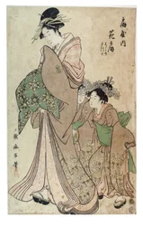 Oiran met twee Kamuro, Edo-periode, ca. 1790 (houtsnede op papier)