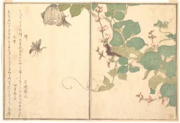 Papierwesp (Hachi); harige rups (Kemushi), uit het Prentenboek van kruipende wezens (Ehon mushi erami)