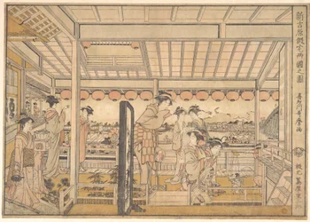 Afbeelding van de tijdelijke verblijven van de nieuwe plezierwijk Yoshiwara in Ryōgoku (Shin Yoshiwara Karitaku Ryogoku no zu)